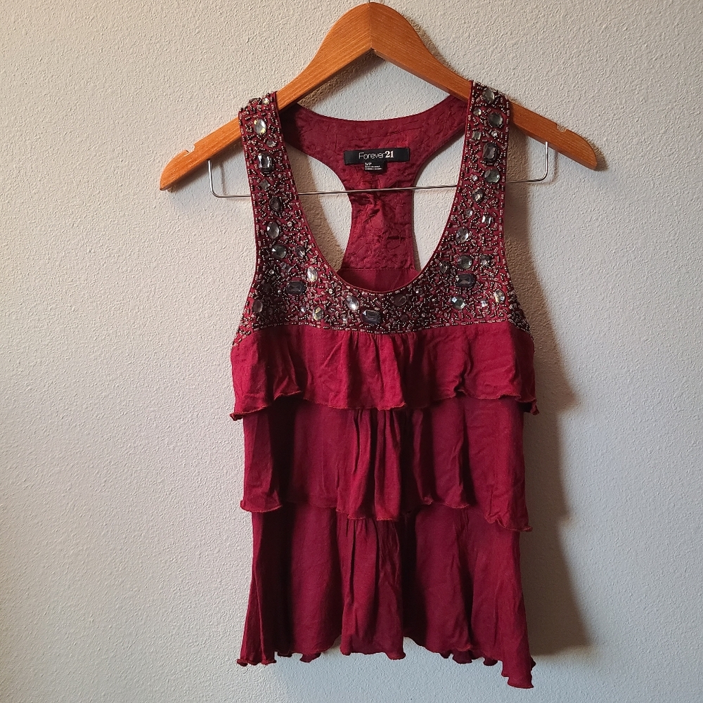 Forever 21 Embellished Maroon Rhinestone Ruffle Tank